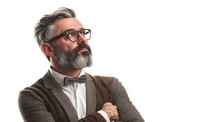 A thoughtful senior man with glasses and a beard, wearing a brown sweater, looking up thoughtfully against a white isolated background.
