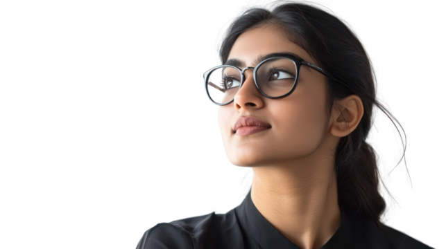 A thoughtful young woman with glasses gazes upwards, reflecting a deep sense of curiosity and concentration on her face.