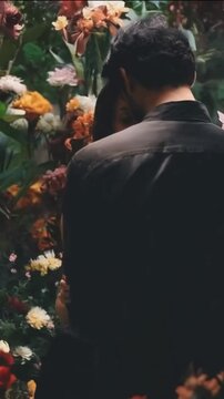 Una pareja de enamorados se abrazan entre flores. Tema  San Valentin