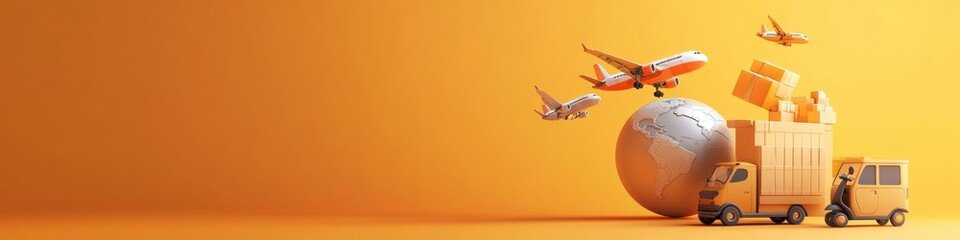 Design a 3D cartoon illustration centered around a globe and logistics theme. 