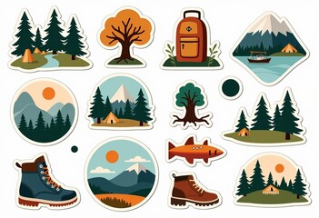 Fototapeta premium Hiking Element Stickers: Modern Minimalist Design, Soft Pastels, Travel Theme, Pure White Background, No Shadows, HD Quality, Natural Lighting, Simple Vector Set.