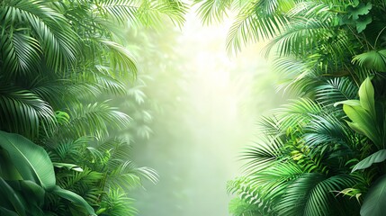 Lush Green Tropical Foliage Background with Soft Light Creating a Serene Jungle Ambiance