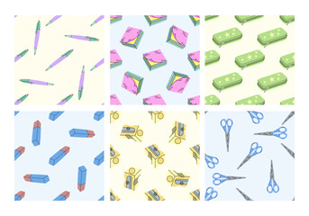Set of seamless patterns with school stationery and office supplies in flat style