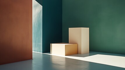 Minimalist geometric room design with neutral colored boxes