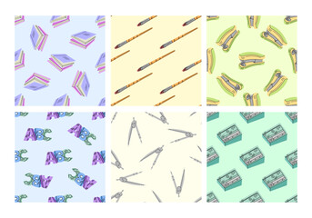 Set of seamless patterns with school supplies and books in flat style