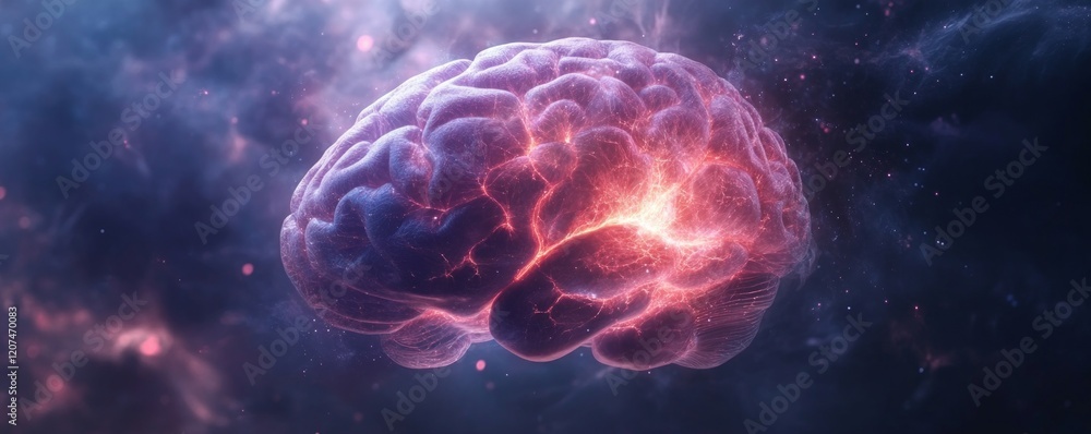 Poster default mode network concept, futuristic brain glowing in a cosmic background.