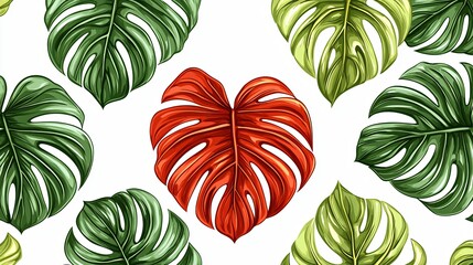 Tropical monstera leaf pattern with a central red leaf against a clean white background