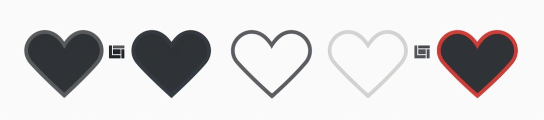 Valentine's Day heart icons in vibrant red on a clean white background, showcasing a variety of heart shapes and styles including geometric forms, stripes, and intricate shapes within the hearts. 