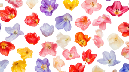 A vibrant array of colorful flower petals spread out on a white background, perfect for spring-themed designs or botanical illustrations.
