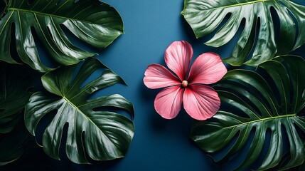 Tropical floral arrangement with pink flower and green monstera leaves on blue background