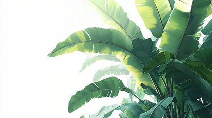 Lush green banana leaves against bright white background creating a tropical botanical scene
