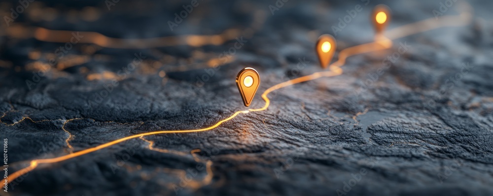 Poster goals with strategy and implementation concept, road with glowing location pins on a dark surface.