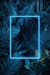 photograph of Neon blue rectangular frame on a dark background of palm leaves.