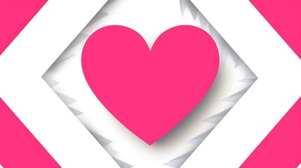 Pink heart centered between two white chevron patterns, clip art style vector graphic design on white background. Featuring simple shapes, bold lines, high contrast, and symmetrical composition