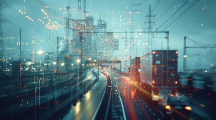 A futuristic truck with glowing lights driving on a rainy urban road highlights logistics, transportation, cargo, and freight systems in a vibrant 3D illustration