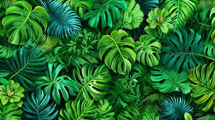 Lush tropical foliage with vibrant green leaves creating a dense jungle pattern background