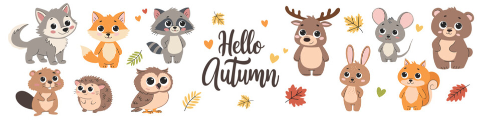 Set of cute forest animals, fall leaves and lettering Hello autumn. Bear, mouse, fox, hedgehog, squirrel, raccoon, beaver, hare, elk, deer, wolf, owl. Vector illustration.