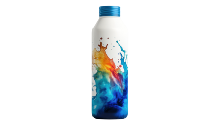A vibrant bottle design featuring a colorful splash of paint in blue, orange, and yellow, isolated on a white background.