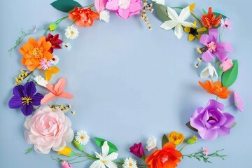 Colorful paper flowers including pink peonies, orange marigolds, purple lilies, green leaves, white daisies, red roses, yellow tulips, and baby's breath arranged in a circular frame around 
