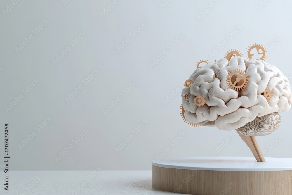 Poster artificial brain model on a stand with intricate details and neutral background.