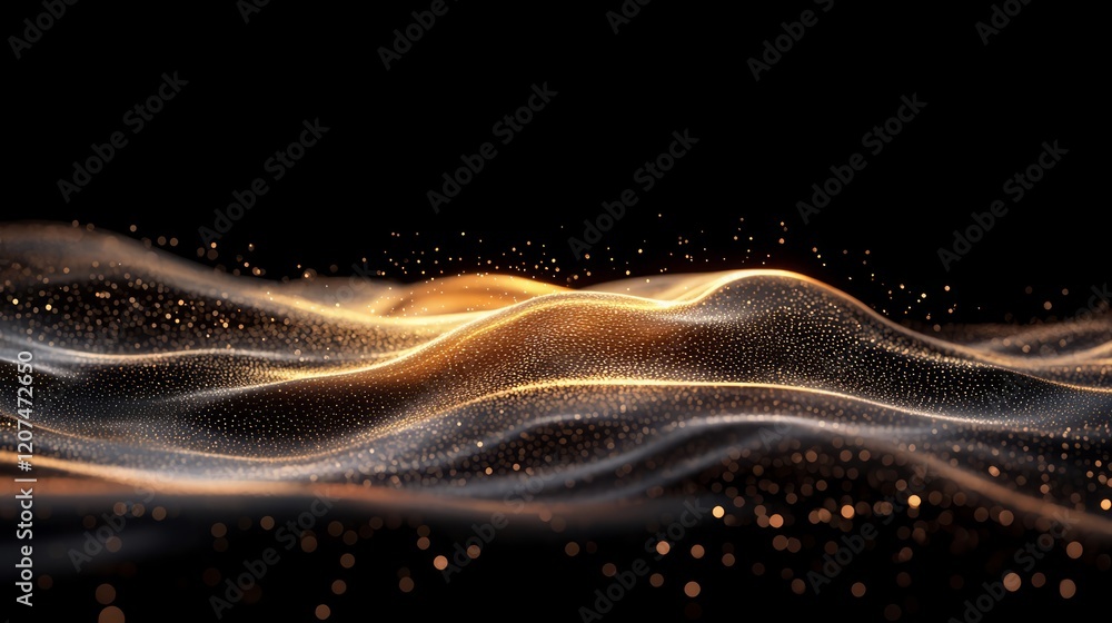 Poster abstract glowing waves with a dark background and scattered light particles.