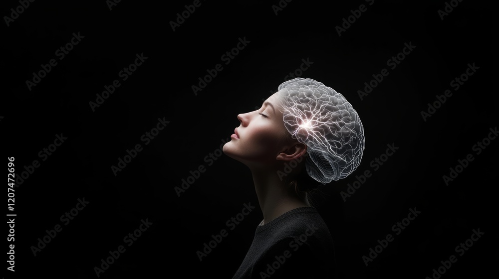 Poster default mode network concept, profile of a person with a creative brain illustration in dark backgro