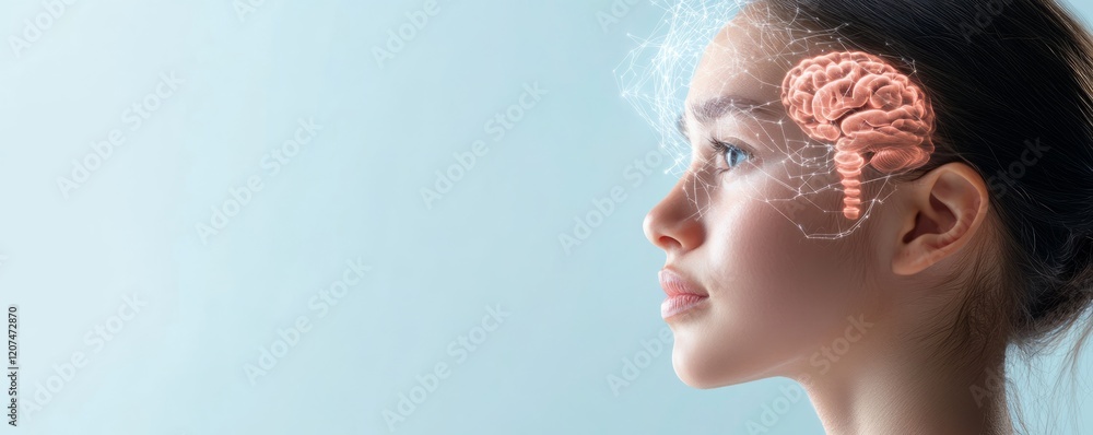 Poster default mode network concept, human profile with a brain overlay, suggesting thought and creativity.