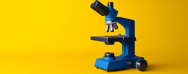 Cobalt Blue Microscope with Sleek and Streamlined Build A futuristic cobalt blue microscope with streamlined edges on a vibrant yellow background.