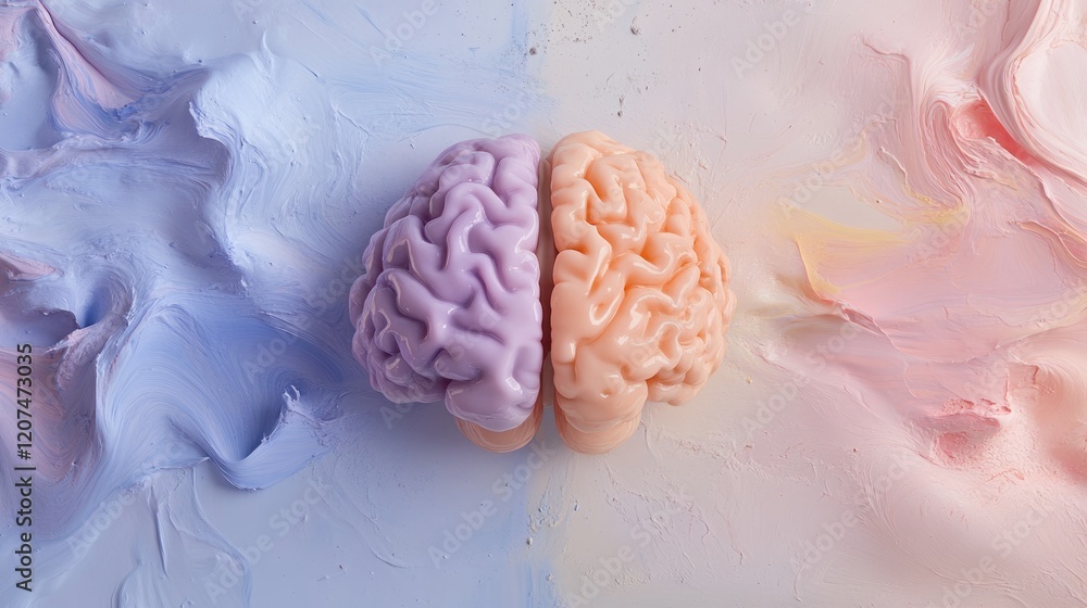 Poster default mode network concept, brain model on pastel colors representing creativity and logic.