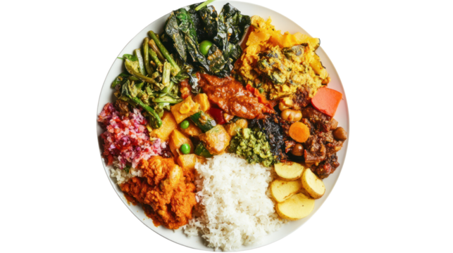 A vibrant plate of assorted vegetables, rice, and curry, showcasing a colorful mix of textures and flavors for a delicious meal.