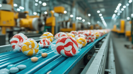 Sweet factory, A vibrant image of conveyor belts transporting brightly wrapped items, showcasing a high-fidelity rendering for commercial use.