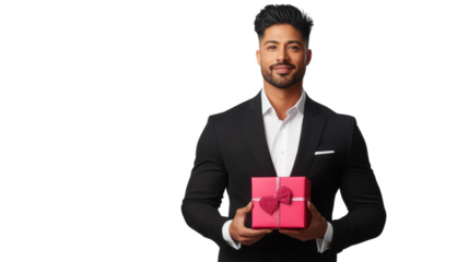 A well-dressed man holds a pink gift box, conveying a sense of celebration and joy. Perfect for festive occasions and gifting themes.