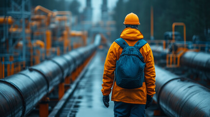 An engineer in special clothing inspects an industrial complex with metal structures and pipes illuminated by the warm light of lanterns.
