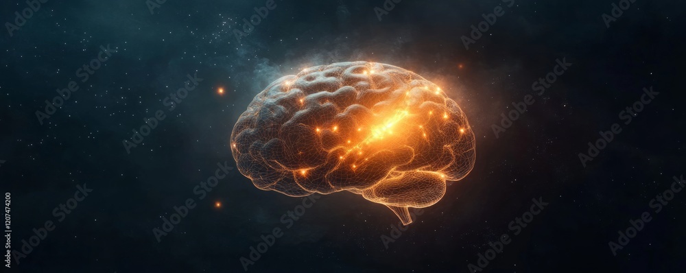 Poster default mode network concept, cosmic brain with glowing elements in a dark space background.
