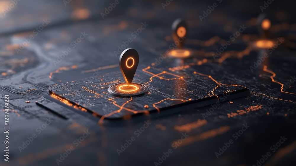 Poster goals with strategy and impact concept, digital map with location pins glowing in a dark environment