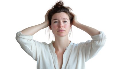 A woman expressing a mix of emotions, with hands in her hair, looking contemplative against a white isolated background.