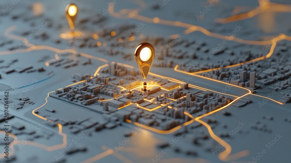 Aufkleber 3d city map with glowing location pins marking specific points.