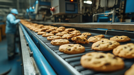 Sweet factory, A high-quality image of a conveyor belt filled with freshly baked cookies, showcasing delicious treats ready for packaging and distribution.