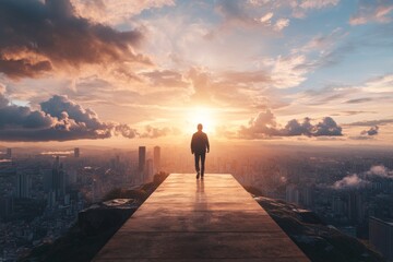 Fototapeta premium goals with strategy and transformation concept, A person standing on a ledge, facing a vibrant sunset over a city skyline.
