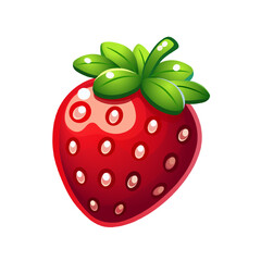 Glossy Strawberry Illustration with Green Leaves. Sweet Strawberry Artwork with Shiny Details. Fresh Strawberry Illustration in Bold Colors