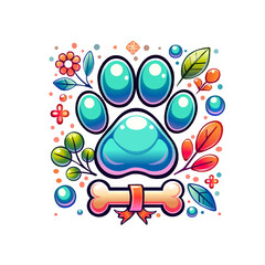 Colorful Paw Print Illustration with Floral Accents. Playful Pet-Themed Artwork with Bone and Leaves. Vibrant Animal Paw Design with Decorative Elements