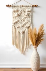 Macram&eacute; wall hanging with pampas grass in a wicker vase. Boho style