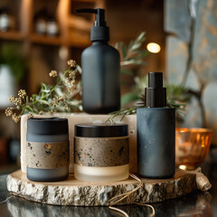 Mockup, Elegant modern skincare collection featuring sleek black and earthy-toned matte packaging with minimalist typography. Luxury, natural sophistication, lifestyle beauty content