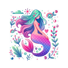 Elegant Mermaid Illustration with Pastel Colors. Fantasy Mermaid Artwork with Ocean Elements. Colorful Mermaid with Flowing Hair and Scales