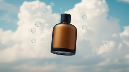 Flying brown perfume bottle on cloud background with bubbles