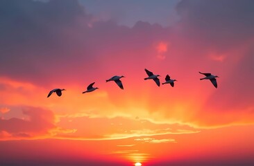 Obraz premium Birds flying against a bright sky during sunset