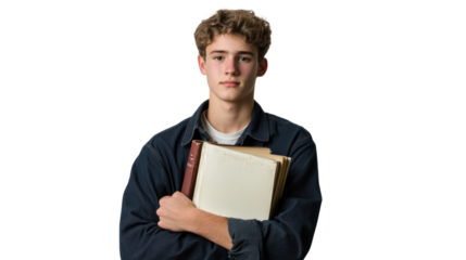 A young male student holding several books, looking confidently at the camera. The background is isolated, highlighting his focused expression.