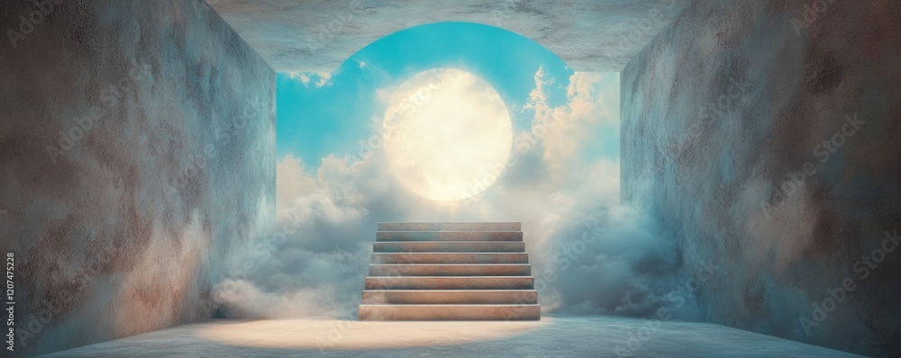 Poster goals and implementation concept, mysterious staircase leading to a bright, ethereal light in a clou