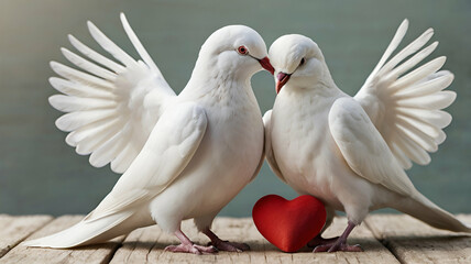 Obraz premium two white doves with heart A paper cut-out in a delicate, intricate style, of two white doves perched on a bare branch within a large, red heart. The heart is surrounded by smaller red hearts,