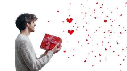 A young man in a cozy sweater holds a red gift box, surrounded by floating heart shapes, conveying a sense of love and celebration.